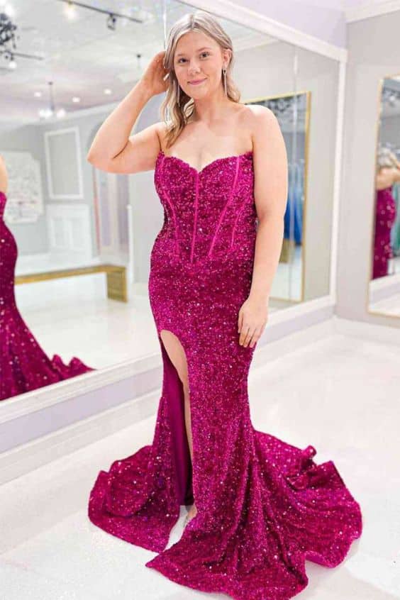 Plus Size Sweetheart Neck Sequined Mermaid Prom Dress With Sweep Train