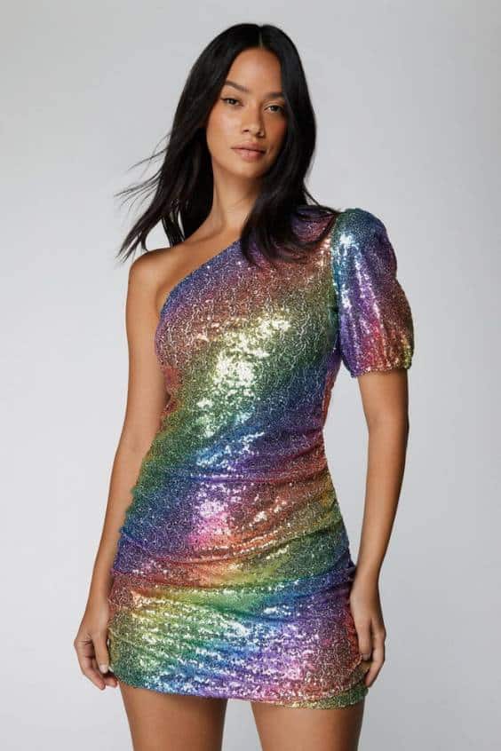 One Shoulder Rainbow Glitter Mini Dress
