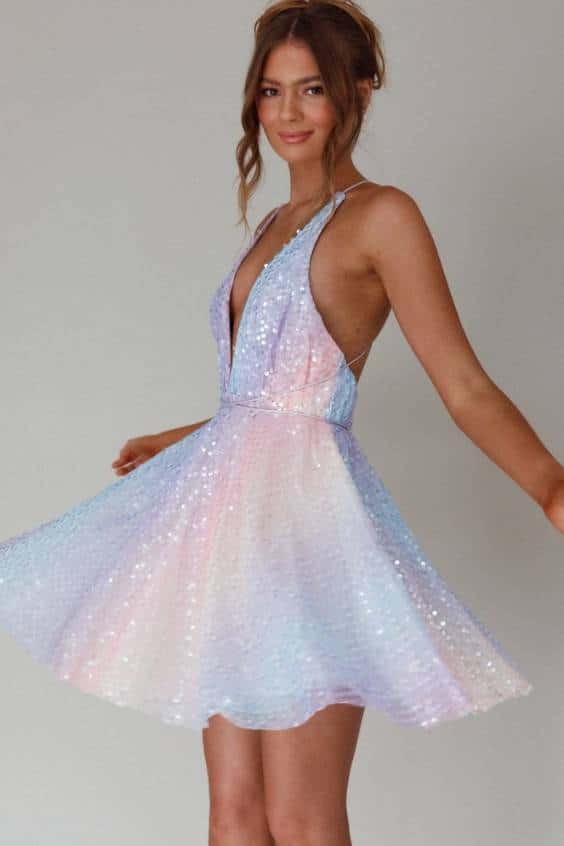 Floating By Plunging Neckline Mini Dress Sequin Rainbow