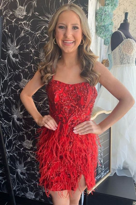 Cute Bodycon Strapless Red Sequins Lace Short Homecoming Dresses with Feather