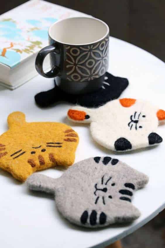  Cat Coasters, Felted Coasters - Felted Cat Coaster - Wool Felt Coaster - Coasters Set - Handmade Drink Coasters - Tea Coaster - Holidays Gift