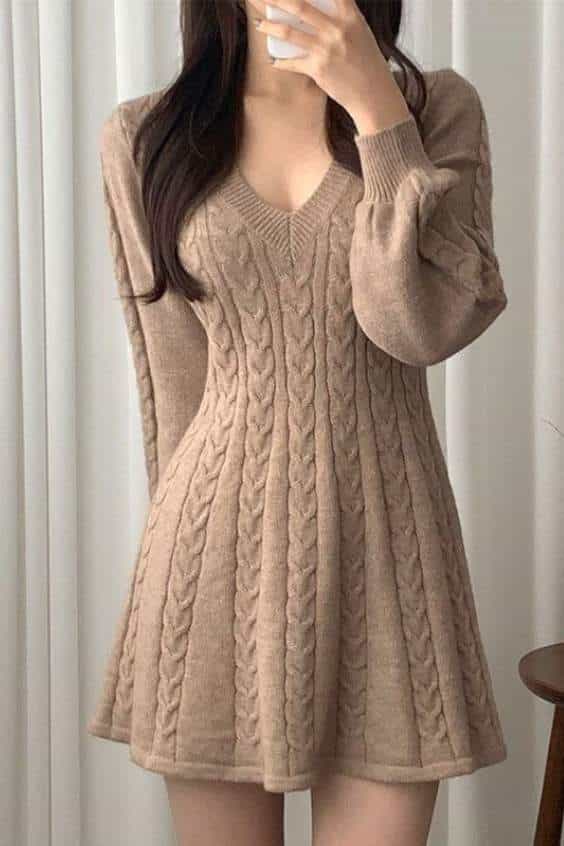 V Neck Long Sleeve Sweater Dress