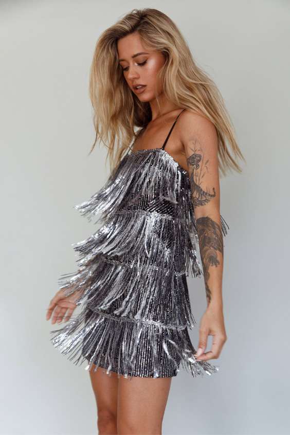 Silver FRINGE DRESS - mini fringe dress
