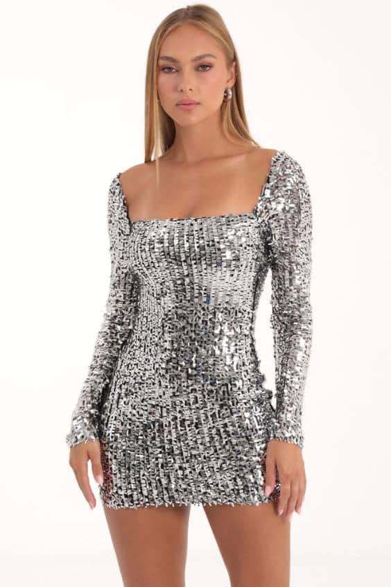 Giulia Sequin Mesh Long Sleeve Dress in Silver