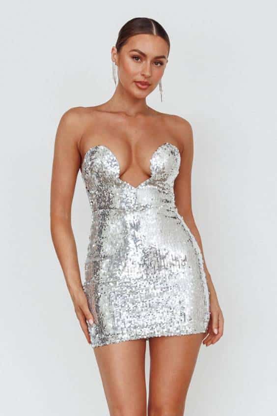 Encore Strapless Sequin Mini Dress Silver
