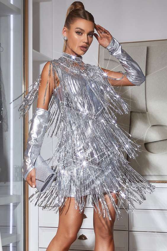 Sparkle FRINGE DRESS - Silver metallic fringe dress Dance