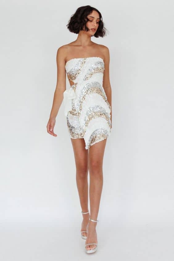 Waist Tie Mini Dress Sequin White