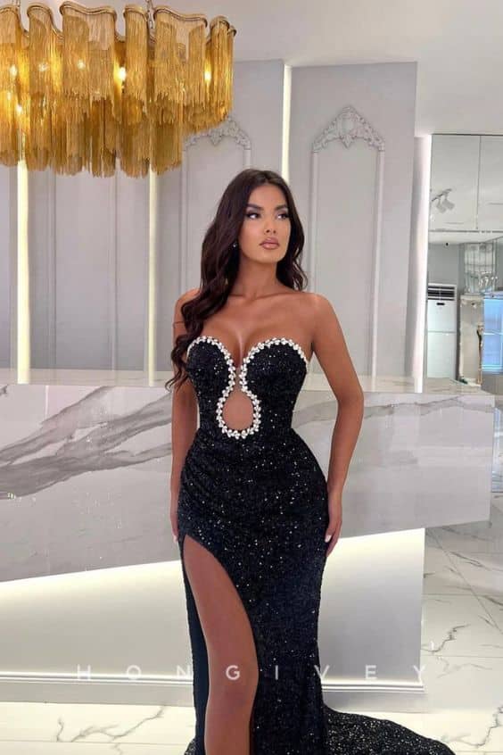 Sexy Fully Sequined Rhinestone Cutout With Train And High Slit Formal Evening Party Prom Dress
