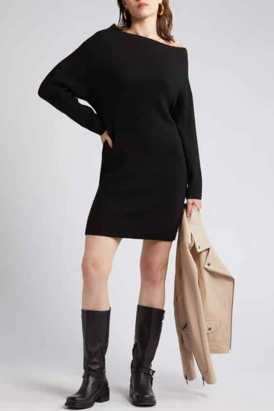 Treasure & Bond One-Shoulder Long Sleeve Rib Sweater Dress in Black at Nordstrom