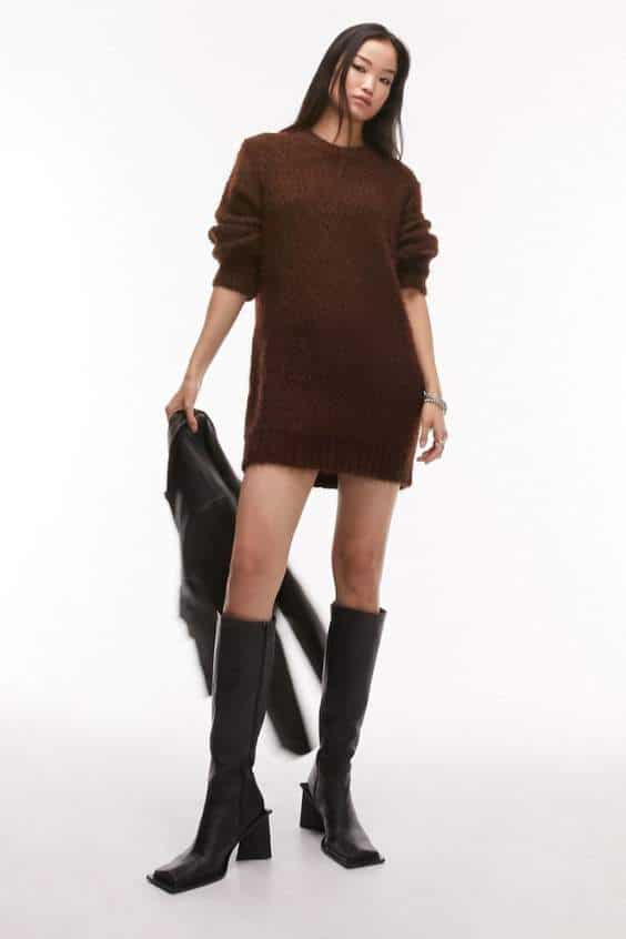 Topshop Long Sleeve Mini Sweater Dress in Brown at Nordstrom