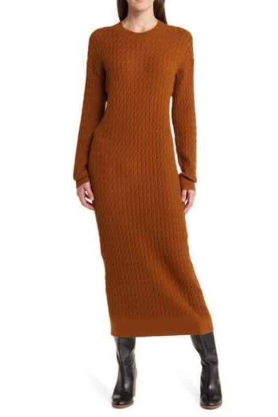 Treasure & Bond Cable Stitch Long Sleeve Midi Sweater Dress in Brown Temple at Nordstrom