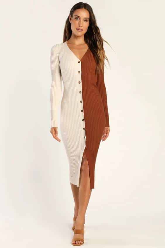 Charming Combo Cream and Brown Ribbed Button-Front Sweater Dress