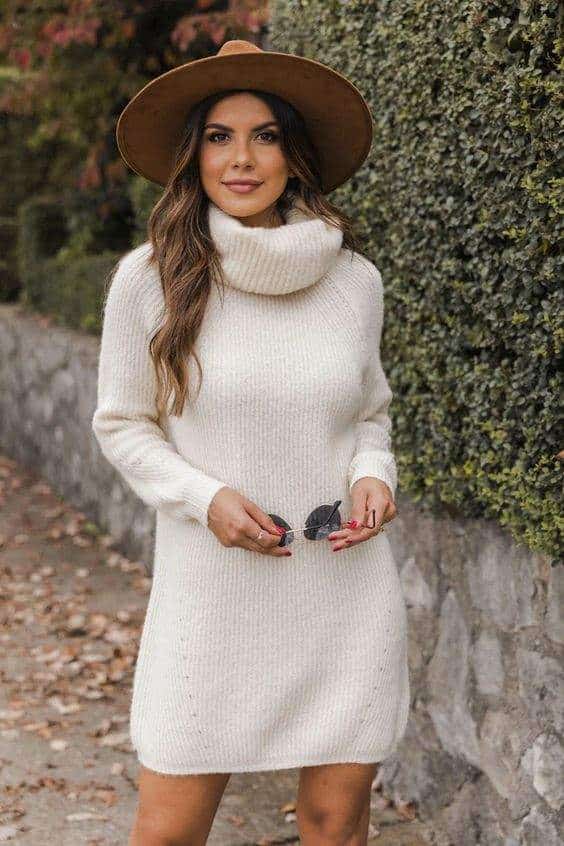 Stay Or Leave Cream Turtleneck Sweater Dress