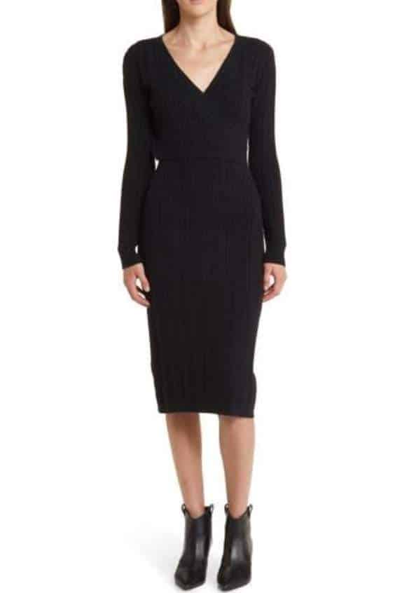 Charles Henry Cable Stitch Long Sleeve Sweater Dress in Black at Nordstrom
