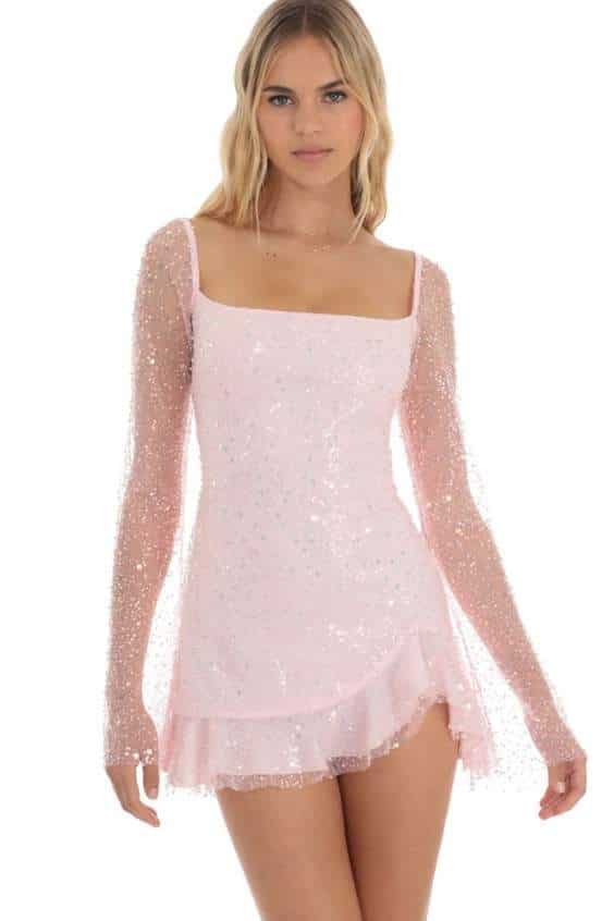 Calendula Sequin Long Sleeve Birthday Dress in Pink
