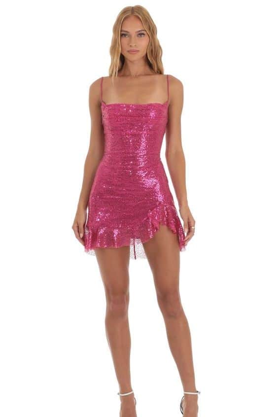 Kailani Sequin Ruffled Slit Dress in Pink