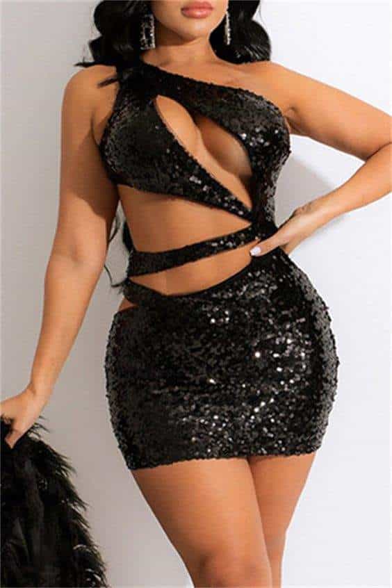 Fashion Sexy Patchwork Hollowed Out Sequins Backless One Shoulder Sleeveless Dress Black