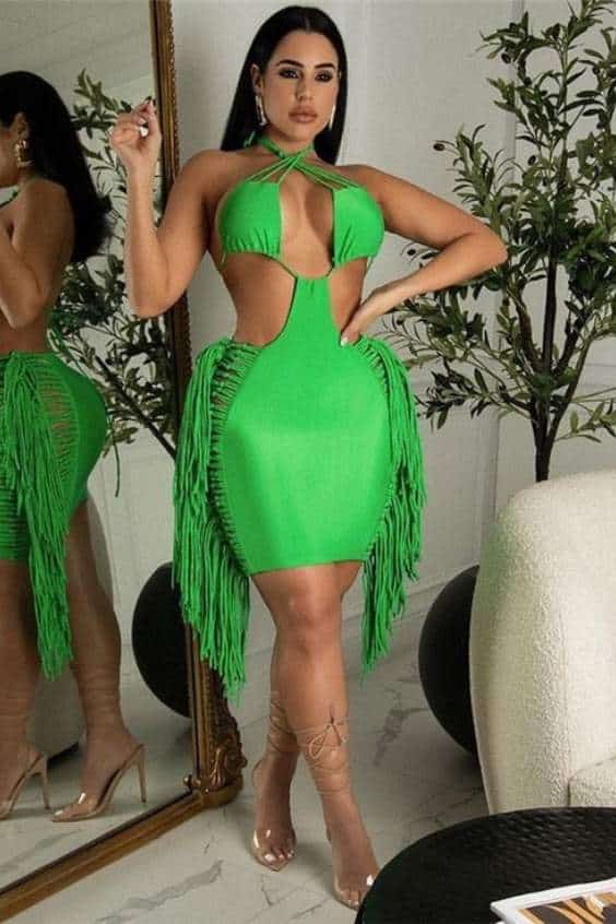 Night Out Party Club Dress Birthday Outfit Sexy Backless Halter Mini Fringe Dress Women Summer green