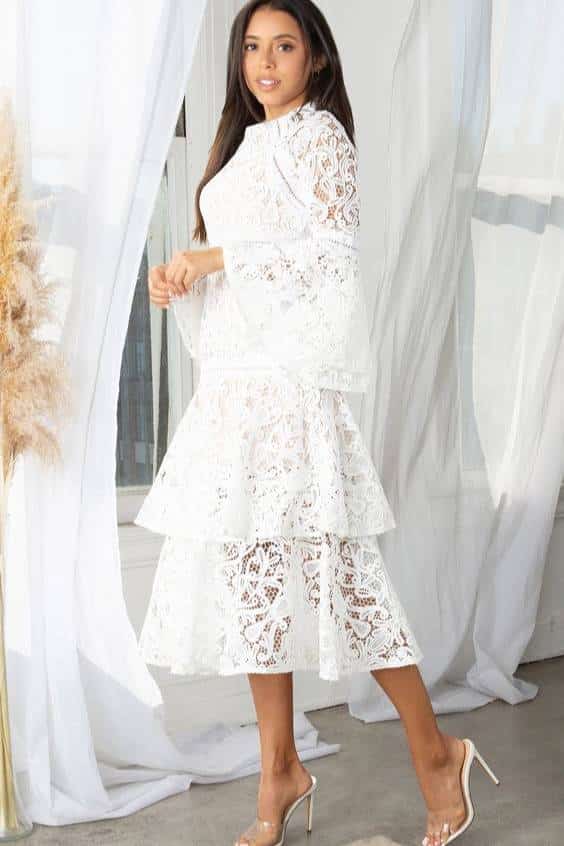 White Long Flare Bell Sleeve Guipure Lace Crochet Tiered Lace Ruffle Crew Neck Casual A Line Midi Dress