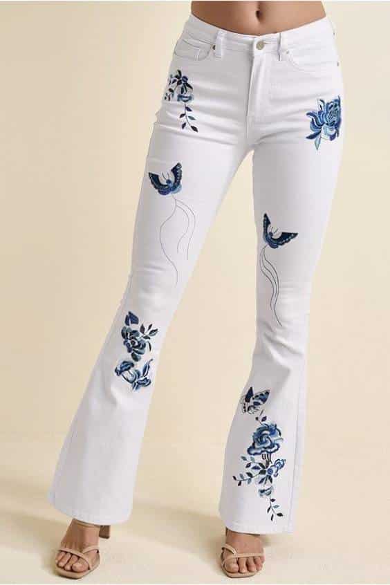 White Multi Embroidered Flare Leg Jeans
