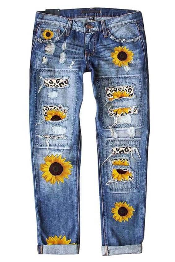 Dokotoo Women's Straight Leg Jeans Sunflower Printed Denim Pants Mid Waist Jeans Patch Ripped Trousers Destroyed Pants Stretch Jeans for Female