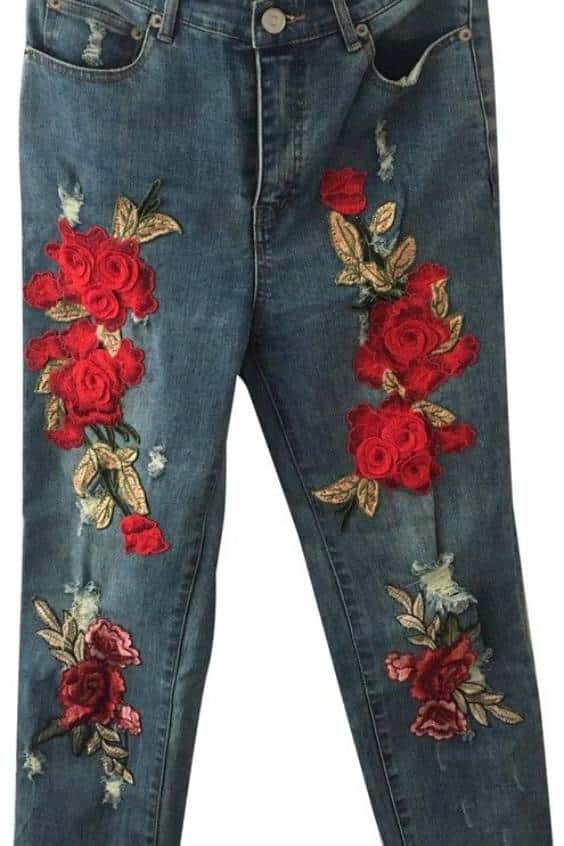 Emory Park Blue With Floral Design Medium Wash Casual Boot Cut Jeans