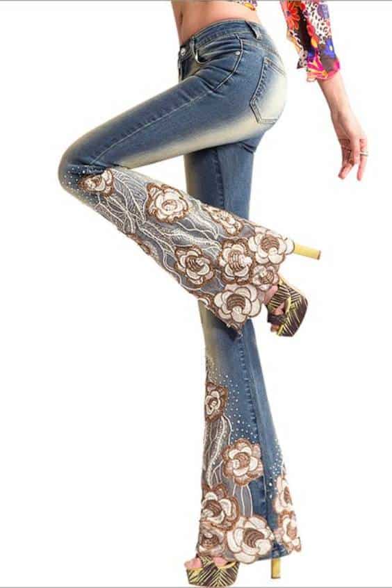Brown White Floral Embroidered Jeans