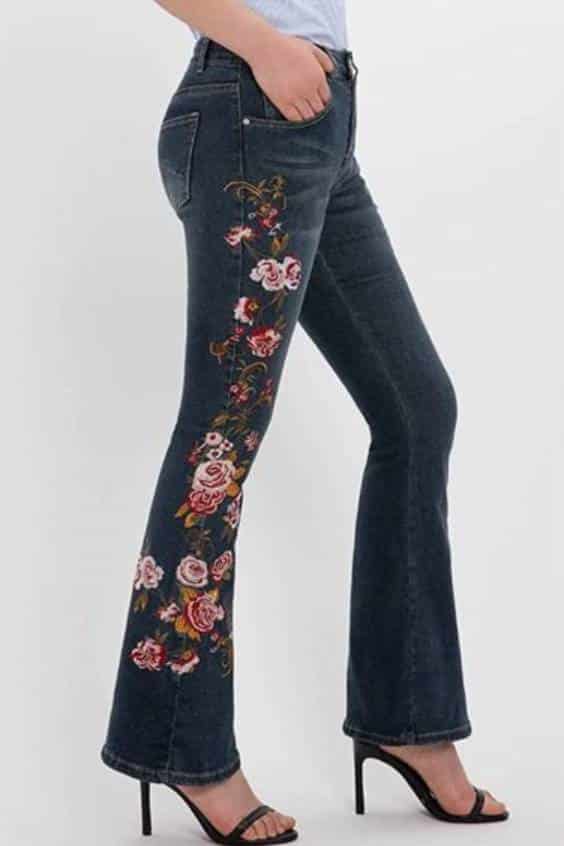 Souls & Sirens Jeans | Dark Wash Floral Embroidered Patch High Waisted Flare Bell Bottom Denim Jeans