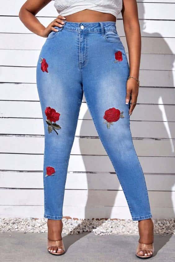 Plus Floral Embroidery Skinny Jeans