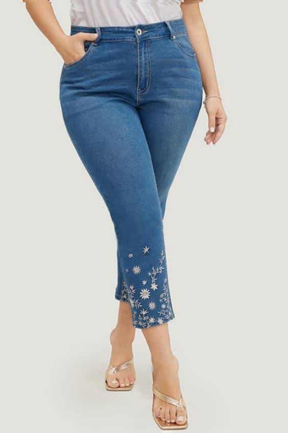 Very Stretchy High Rise Medium Wash Embroidered Hem Jeans