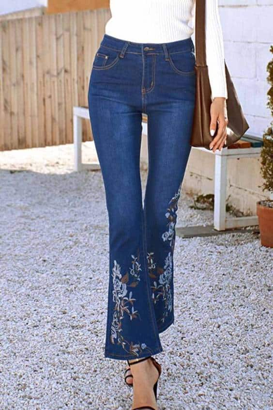 Denim High Waist Embroidered Trousers