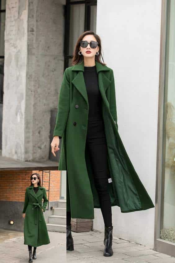 British Style Long Wool Coat in Green