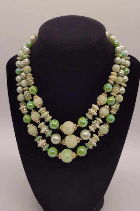 MCM Japan Glass Bead Triple-Strand Lime Green Shiny & Frosted Choker Necklace