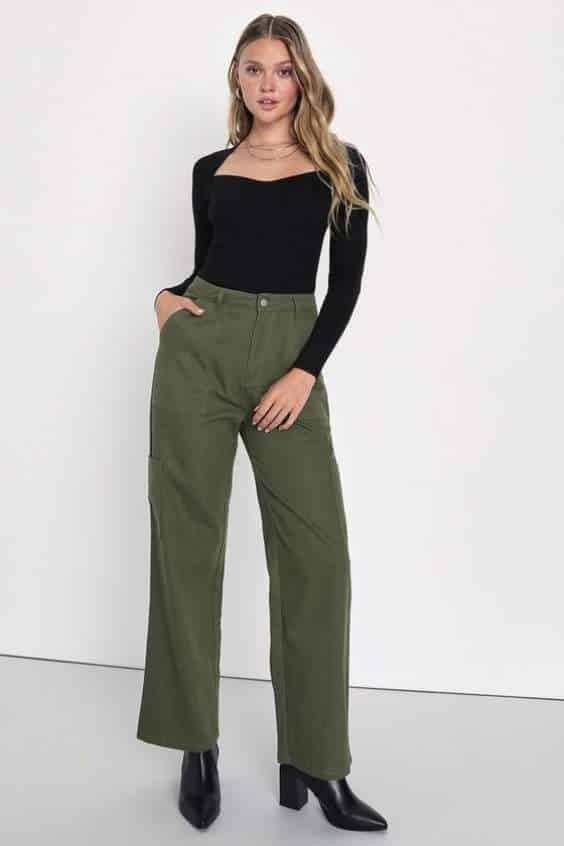 Cool Olive Green High Rise Straight Leg Cargo Pants