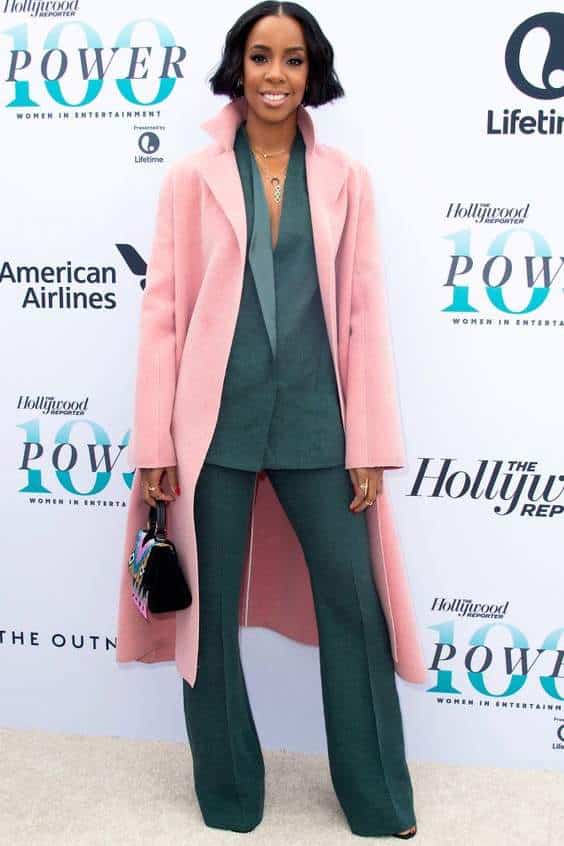 pink Ports1961 coat and teal Akris suit