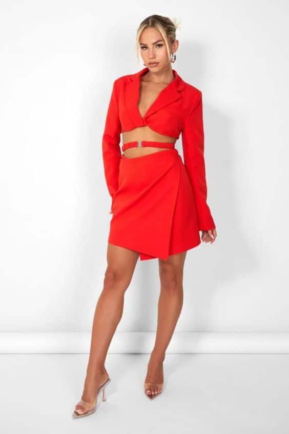 Kaiia Wrap Waist Mini Blazer Dress in Red