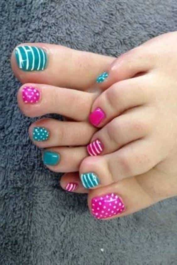 Green and Pink Toe Nail Designs - Colorful Stripes