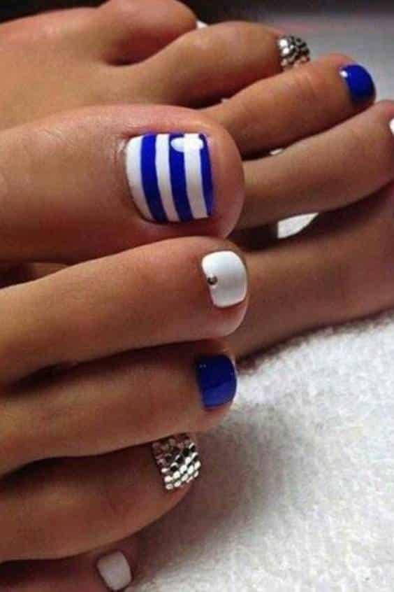 Dark Blue and White Toe Nail Designs - Colorful Stripes