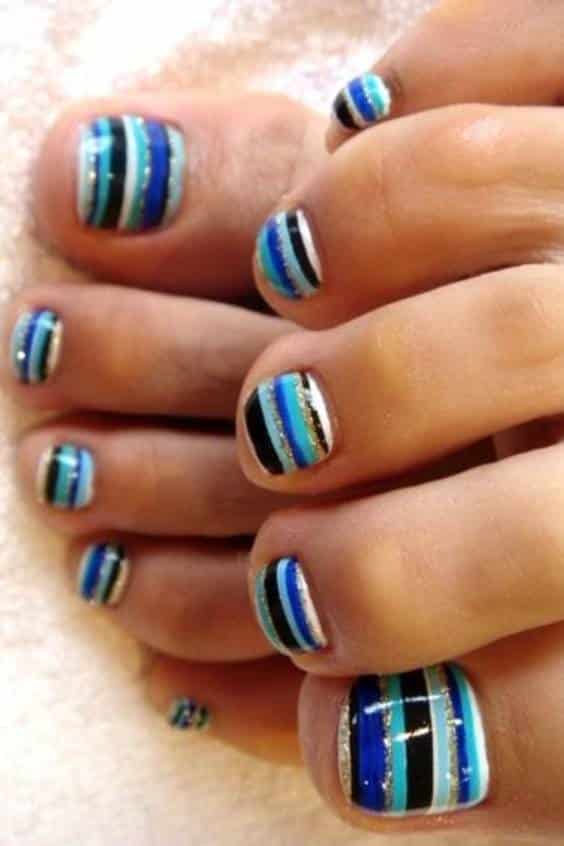 Bue and Black Toe Nail Designs - Colorful Stripes