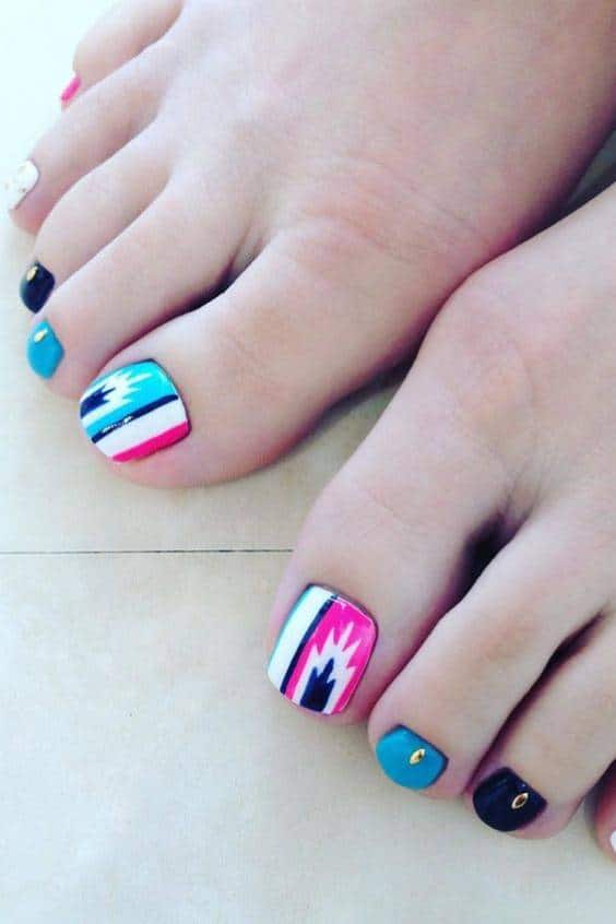 Blue, White and Pink Toe Nail Designs - Colorful Stripes