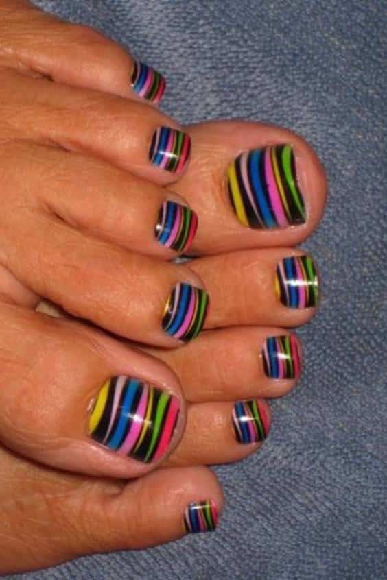 Multi Lines Toe Nail Designs - Colorful Stripes