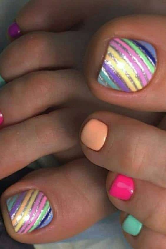 Multi Colors Toe Nail Designs - Colorful Stripes