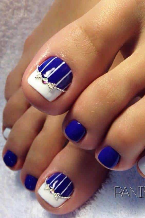 White and Blue Toe Nail Designs - Colorful Stripes