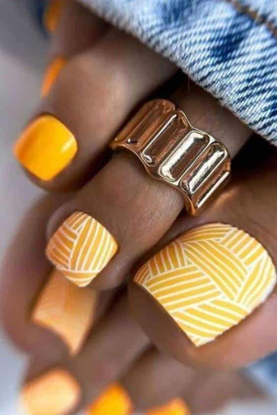 Yellow Toe Nail Designs - Colorful Stripes