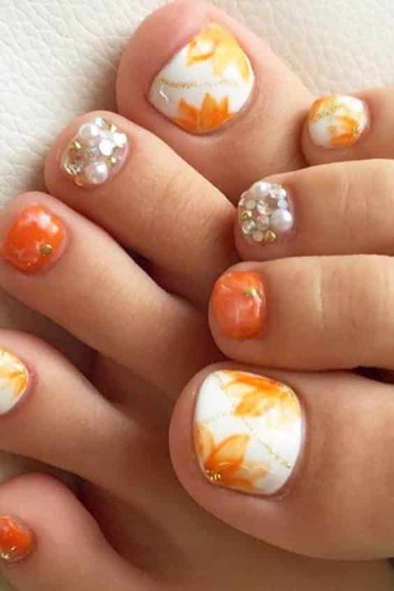 Orange Toe Nail Designs - Shimmering Leaves