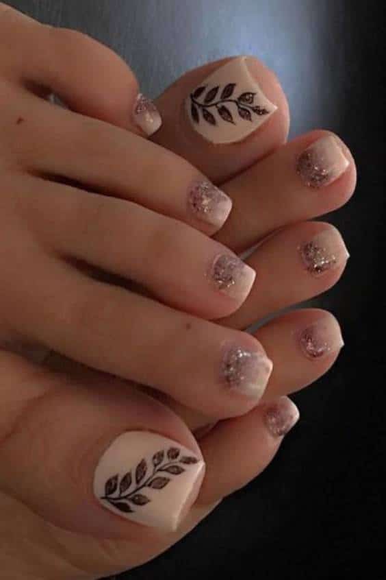 Pink Toe Nail Designs - Shimmering Leaves