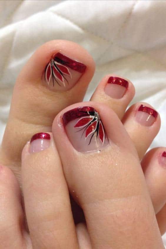 Red Toe Nail Designs - Shimmering Leaves