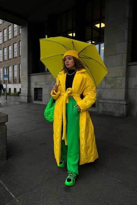 rainy day sunny outfit - yellow coat with green Trouser