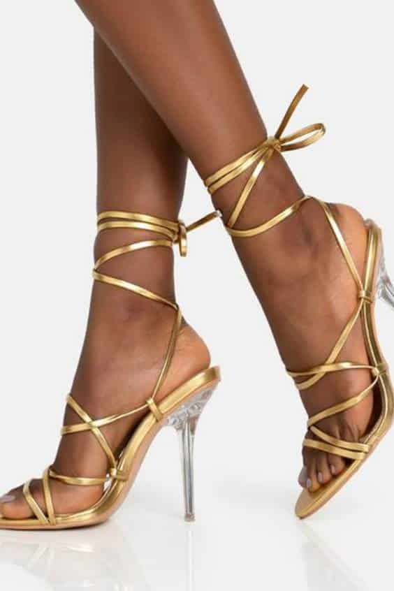 Gold Opened Toe Lace Up Strappy Sandals With Stiletto Heels Gold