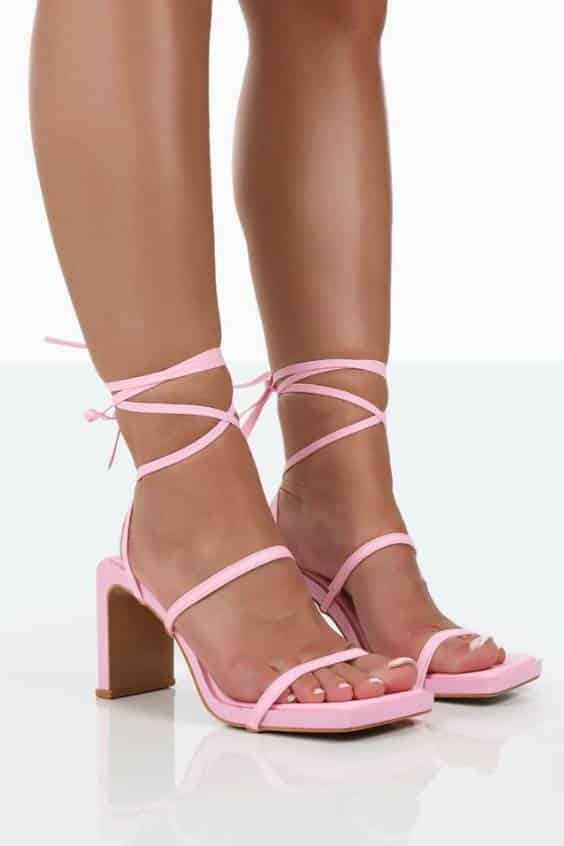 Pink Square Toe Strappy Lace Up Thin Block Heels